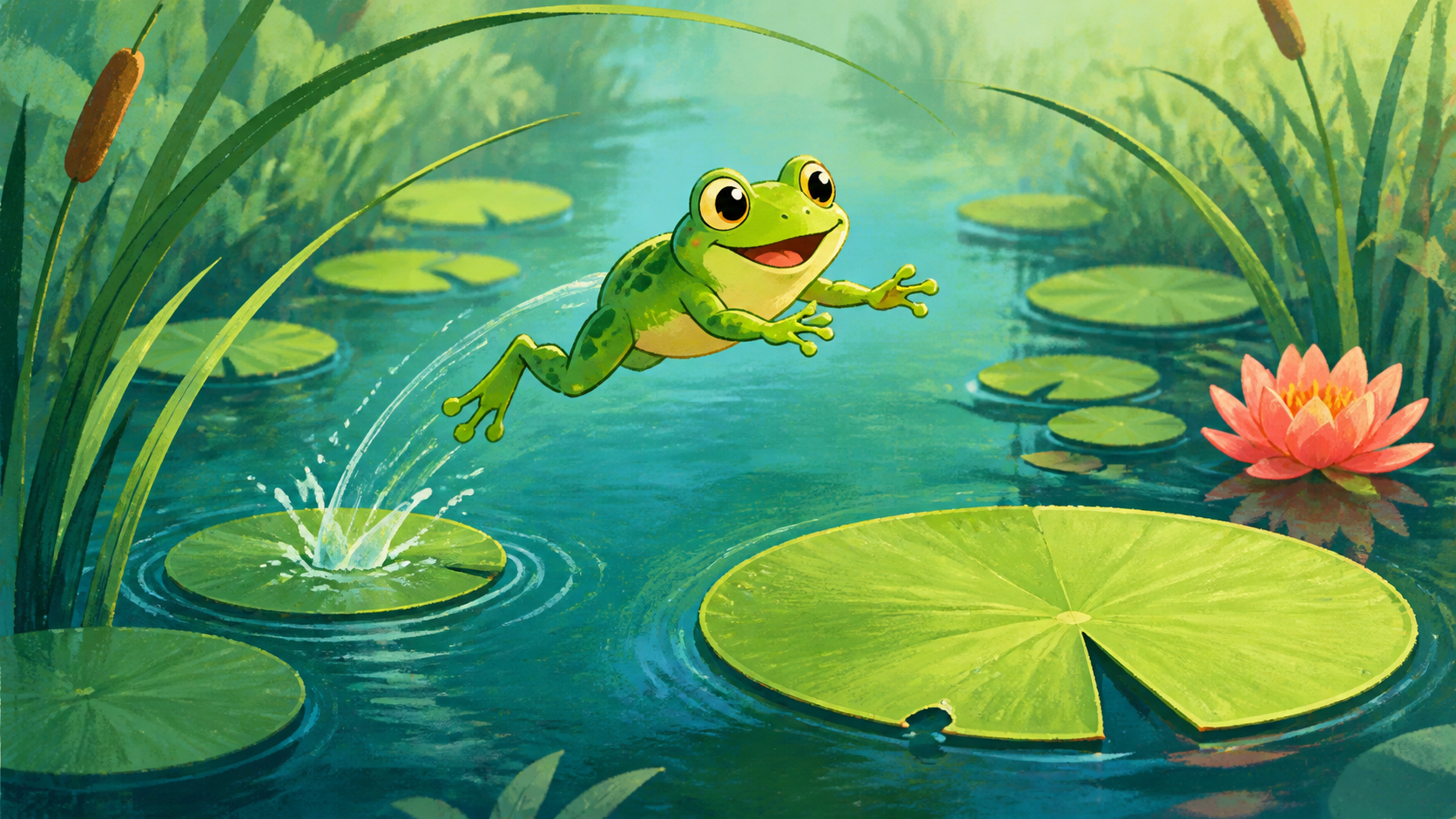 A green frog hopping between lily pads on a calm deep-teal pond